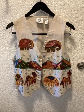 Vintage SD Collection Beige Embroidered Elephant Patchwork Vest
